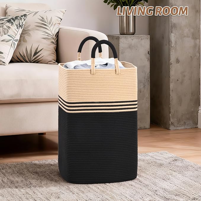 Laundry Basket Hamper,Blanket Storage,Dirty Clothes Hamper with Swivel Handles,Woven Cotton Rope Toy Baskets,Blanket Basket Living Room,Decorative Hampers for Nursery,Bedroom,Brown & Black,80L
