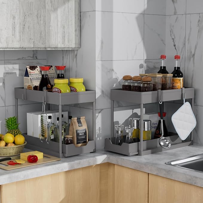 DEKAVA 2 Pack Under Sink Organizer, 2-Tier Sliding Cabinet Basket, Grey