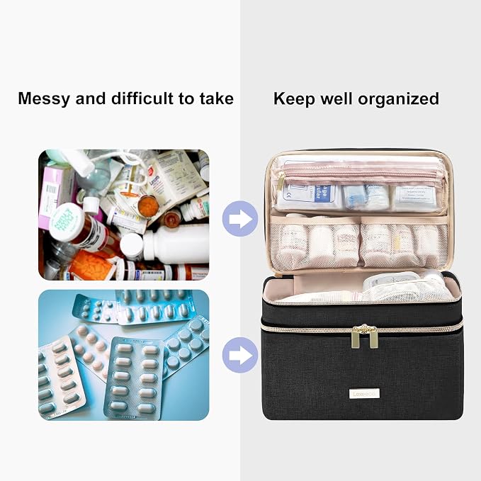Lexeeco Travel Medicine Pill Bottle Organizer Bag with Portable Small Pouch | Medication Case with Lockable Zipper for Pill,Vitamin,Medicine Storage Box for College Dorm Student,Home,First Aid Bag Empty