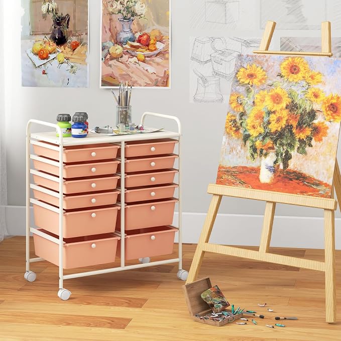 12 Drawer Rolling Storage Cart, Art Cart Organizer on Wheels, Mobile Utility Cart with Drawers, Multipurpose Craft Drawers for Home Office School Classroom (Peach)