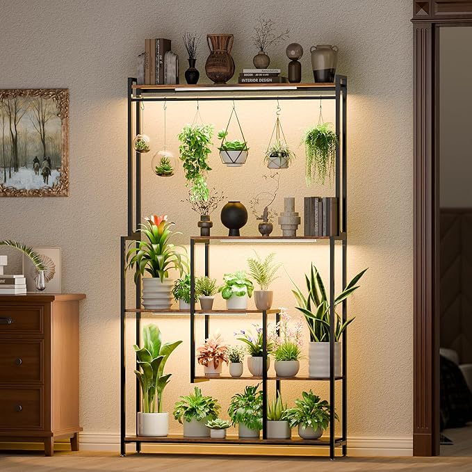 MJOMKN Large Plant Stand Indoor with Grow Light, 72" Tall, 5 Tiers | Metal Plant Shelf, 12 Pots Holder, Heavy-Duty Rectangle Display Rack, For Living Room, Patio, Corner