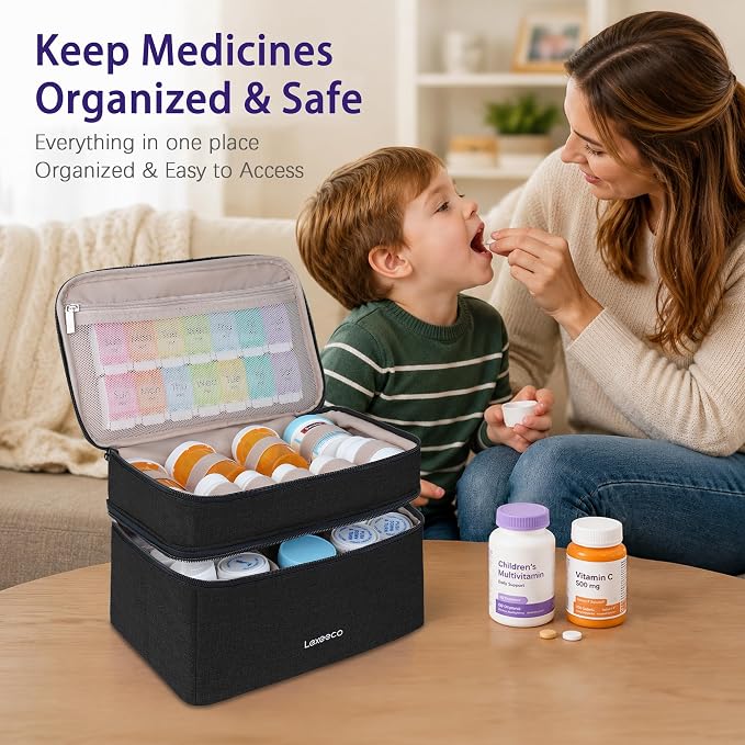 Lexeeco Dual Layers Medicine Pill Bottle Organizer Bag with Lockable Zipper | Portable Medication Bag for Pills,Vitamins,Fish Oil,Medicine Storage Box for College Dorm Student,Home,Large Travel Pill Case