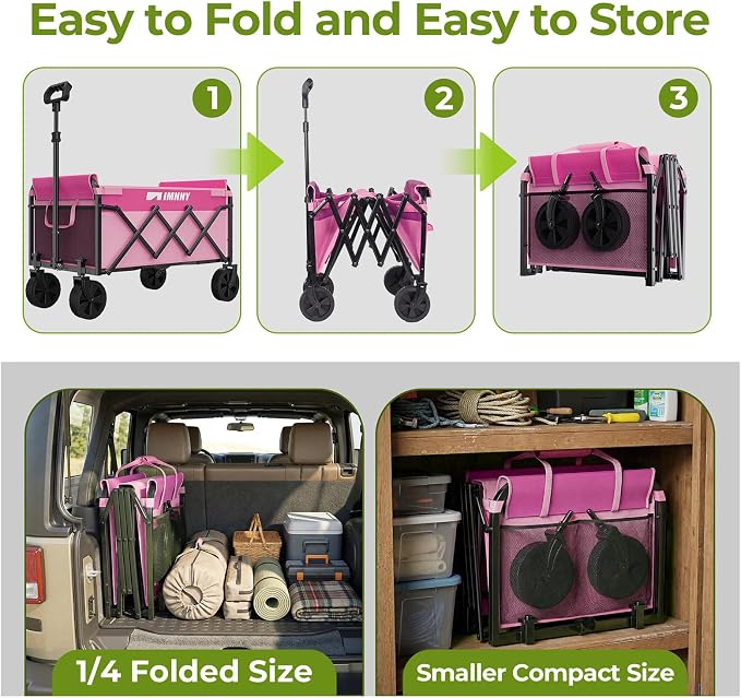Pink Small Collapsible Wagon Cart, Lightweight Folding Utility Cart with Wheels, 220lbs Capacity Portable Grocery Cart for Sporting Events, Garden, Shopping (Pink)