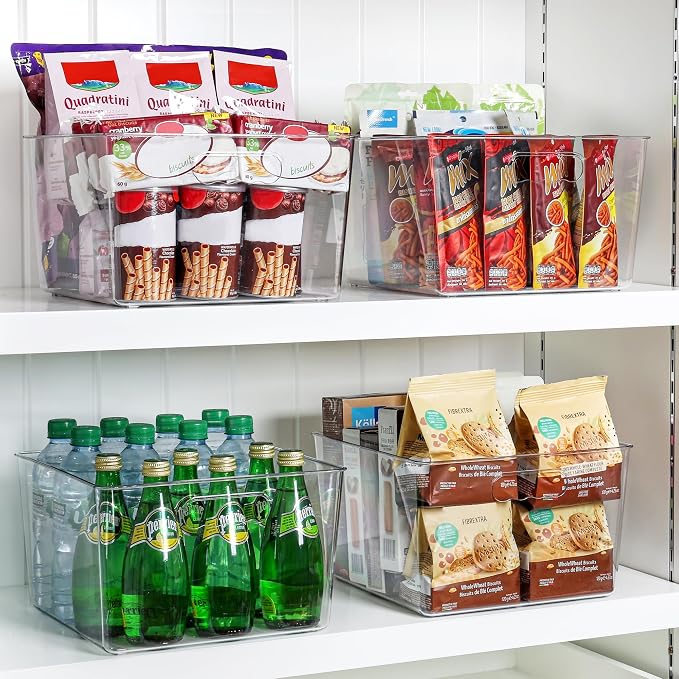 Vtopmart 4 Pack Extra Large Clear Storage Bins, 11x11 Cube Organizer | Acrylic Cube Storage Bins, Plastic Containers with Handle for Pantry, Kitchen, Closet, Laundry Room, Bathroom, Under Sink