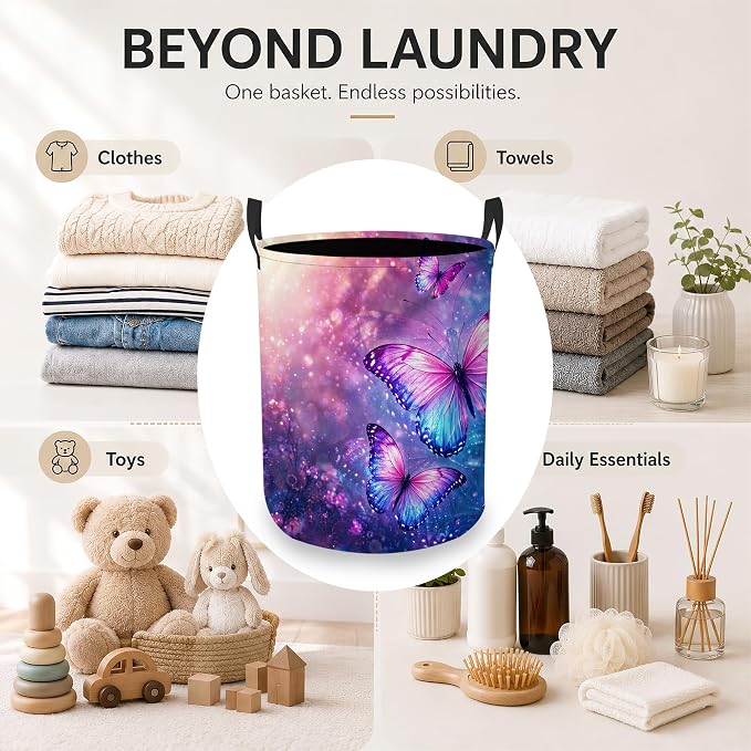 Butterfly Fantasy Laundry Basket, Foldable Oxford Cloth Purple Blue Laundry Hamper with Handles, Tote Bag Clothes Storage Bucket for Laundry Room/Bathroom/Bedroom/Dormitories 20.8"x16"
