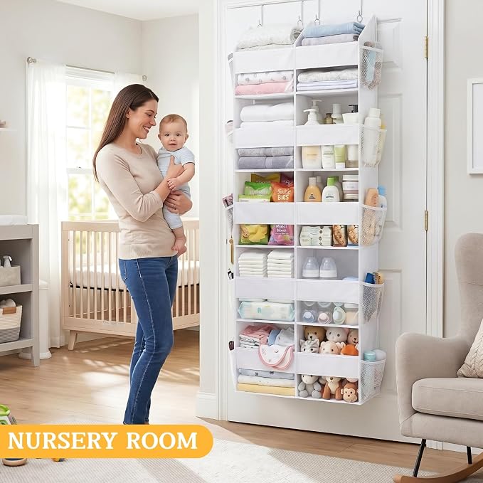 Over The Door Organizer 5 Tiers, Extra Large Behind Door Storage of 10 Compartments, 80 lbs Weight Capacity Hanging Storage Organizer with Clear Window Kids Toys, Shoes,Diapers, Room Storage, White