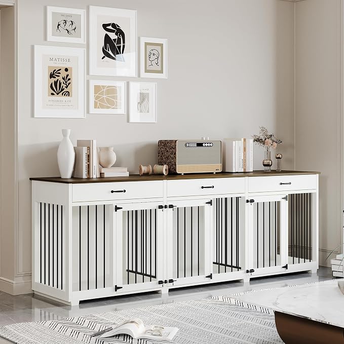 Dog Crate Furniture - Indoor Wooden Dog Kennel Crate with 2 Dividers, 3 Drawers, and 3 Lockable Doors, 95"x23.6"x31.5"H, White