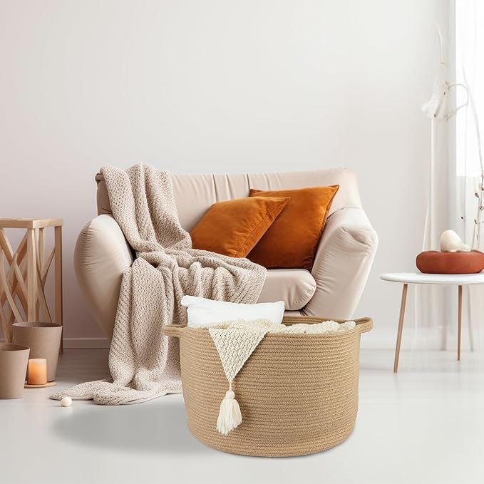 XUANGUO Extra Large Jute Rope Round Storage Basket 22" x 12" | Woven basket for blankets, toys, towels, laundry, nursery, living room and pet toy storage.