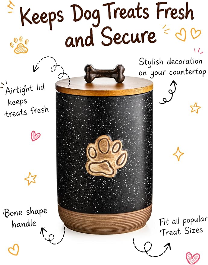 Miamolo Dog Treat Container Airtight Seal, Training Dog Treat Jar with Lid | 8 Cups, Cast-iron Handle | Ceramic Dog Food Storage Container, Rustic Pet Cookie Jar, Gift for Dog Lovers | Paw Dotted Black