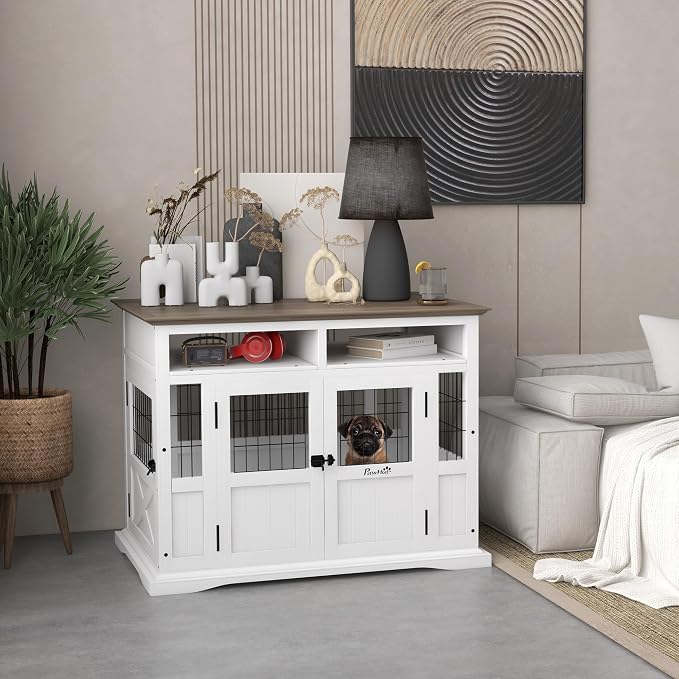 PawHut Dog Crate Furniture Side End Table with Storage, 41" Modern Wooden Dog Kennel Furniture with Double Doors for Small and Medium Dogs, White | Wooden Dog Kennel Furniture, Double Doors, for Small and Medium Dogs