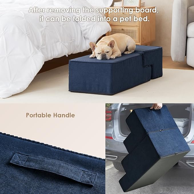 EHEYCIGA Dog Stairs for Bed 20" H, 4-Step Extra Wide Dog Steps, Navy | Pet Steps for Small Dogs and Cats for High Bed, Non-Slip Balanced Pet Ramp Indoor