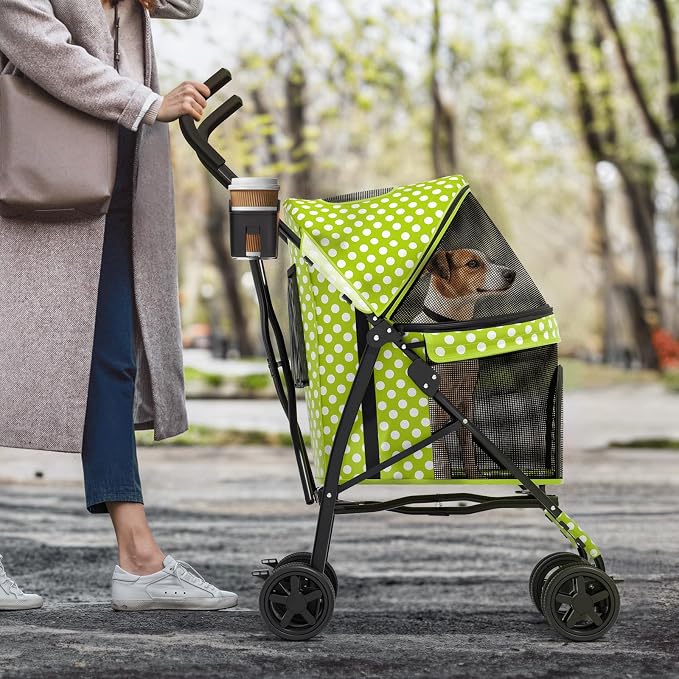 MoNiBloom Pet Stroller for Small/Medium Dogs and Cats, Lawn Green Polka Dots