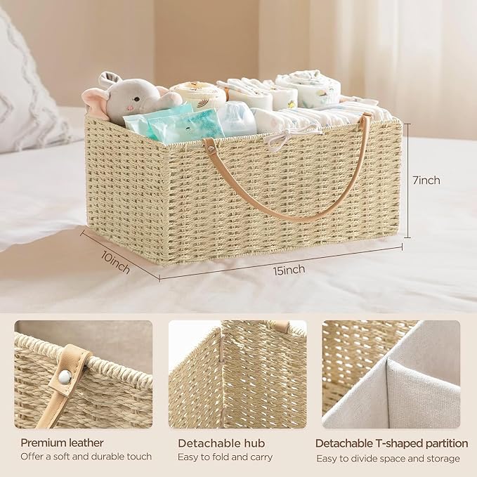 HBlife Large Baby Diaper Caddy Organizer, Paper Rope Storage Baskets Nursery Bin with Removable Divider, Portable Car Organizer for Diapers, Baby Shower Gifts, Newborn Essentials Must Haves
