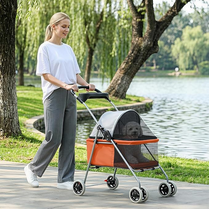 BestPet Foldable Pet Stroller for Small/Medium Dogs and Cats Up to 33 lbs | 4-Wheel Stroller Pet Strolling Cart w/ Breathable Mesh, Lockable Rear Wheels, Cup Holder/Tray & Storage Box, Orange
