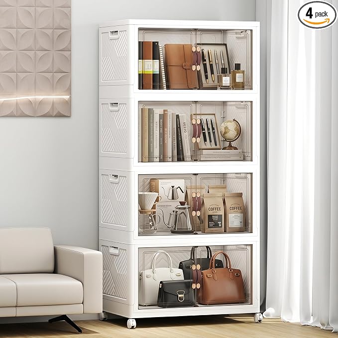 Stackable Storage Bins with Lids, 440QT Lockable Storage Cabinet | Closet Organizers, Foldable Storage Box with Doors and Wheels, Plastic Drawers for Home, Garage, Office (4, White, Plus)