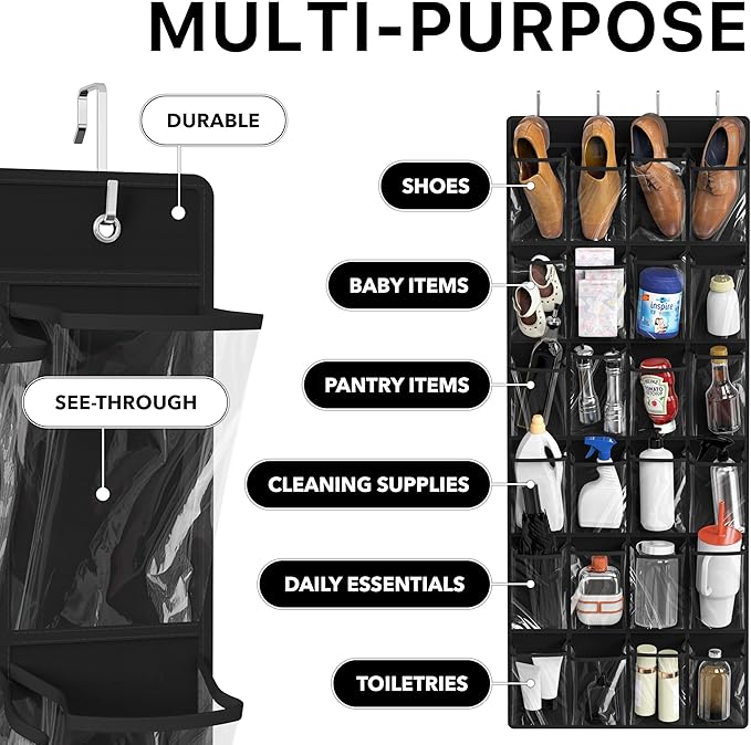 Simple Houseware 24 Pockets Large Clear Over the Door Shoe Organizer, Black | 56" x 22.5", 4 Durable Metal Hooks, 5" x 9" Pocket Size, Multipurpose