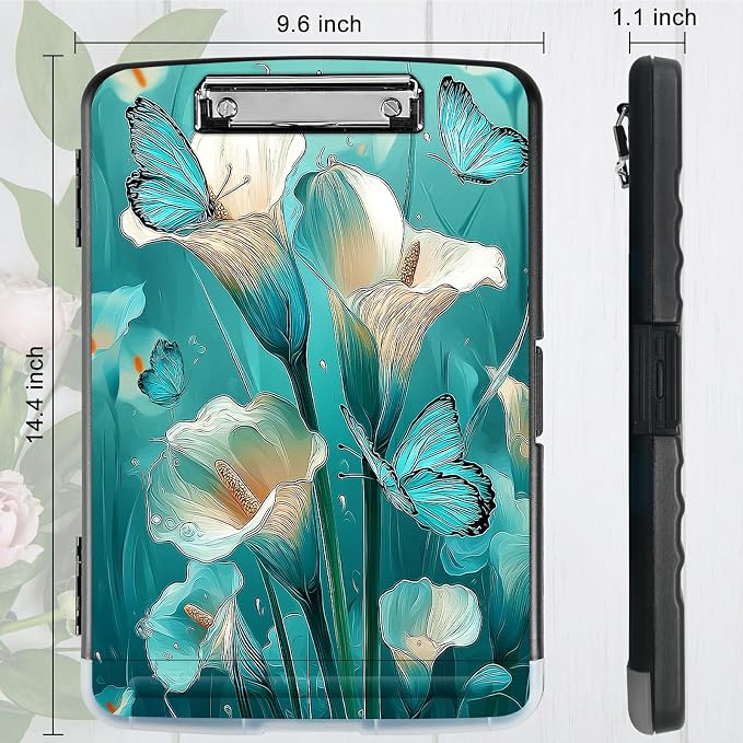 A4 Clipboard with Storage Pen Holder, Clipboards Organizer Nursing Clipboard Foldable File Folder Plastic Clipboard Folio Clip Board for Office Work Classroom Doctor, Blue Lily