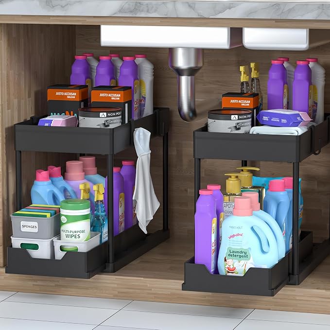 DEKAVA Under Sink Organizer 2 Pack, Bathroom Cabinet Organizer, 2 Tier Sliding Cabinet Basket Organizer Drawer, Multi-Purpose Bath Collection Baskets for Bathroom (Black)