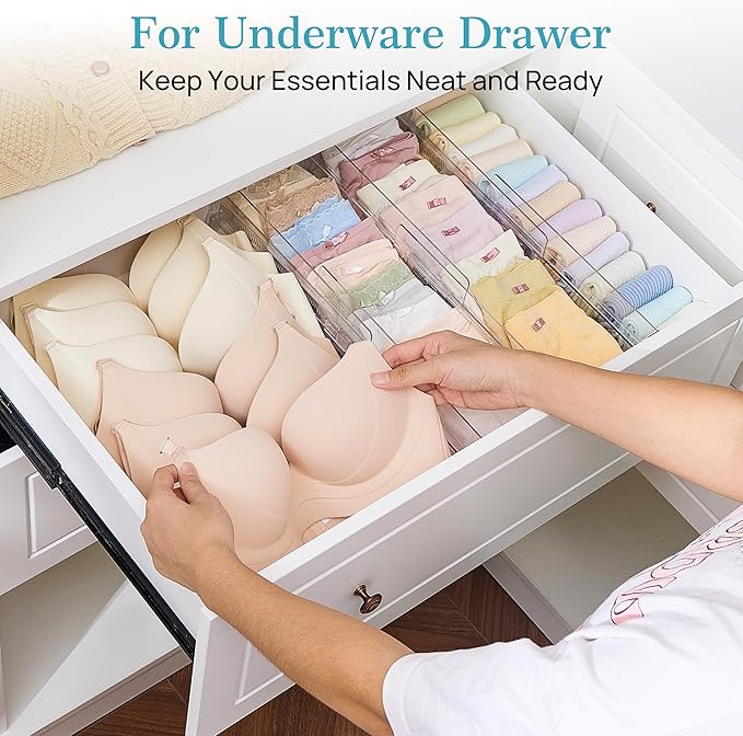 Vtopmart 4 Pack Drawer Dividers for Clothes, 4" High 10.2"-16.5" Adjustable Expandable Dresser Drawer Organizer, Clear Plastic Separators for Dresser, Baby Clothing, Underwear, Cosmetic, Toiletries | Expandable Dresser Drawer Organizer, Clear Plastic S...
