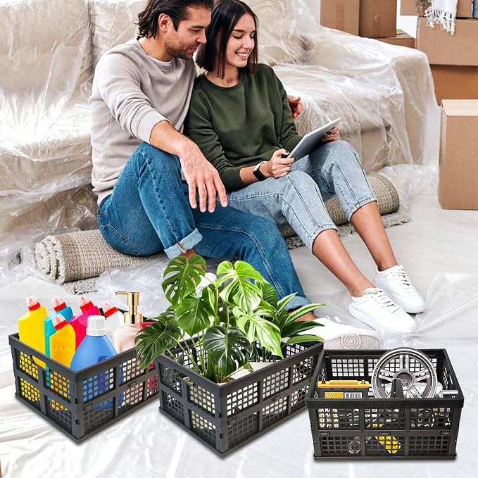 CONLI 3 Pack 34L Large Plastic Folding Crates for Storage, Collapsible Crate for Storing Food Bottle Toy Book Rectangular Storage Crate for Home Office Kitchen Classroom