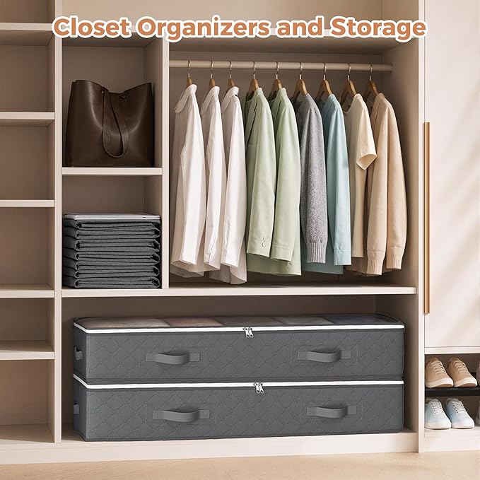 95L Under Bed Storage Containers, 4 Pack Closet Organizers Grey | Foldable underbed storage bins for linen sheets, blanket, clothing, comforter, sweaters, pillows, wrapping paper