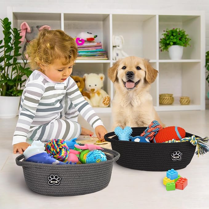 Small Dog Toy Basket, Soft Cotton Rope Dog Cat Toy Bin, Woven Storage Basket for Living Room Nursery, Cats Pet Gift Basket Empty, Decorative Wicker Storage Box with Handle, 13"x 9"x 5"