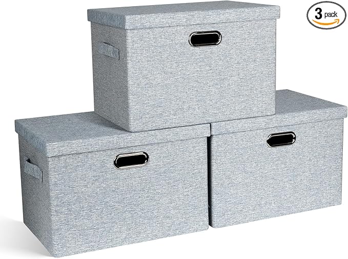 Storage Bins with Lids Fabric Closet Organizers Cubes Office Organization | 36 Quart 3 Pack Blue-Grey Collapsible Stackable Linen Fabric 4 Handles Bedroom Closet Cabinet Under Bed Clothes Toy Office