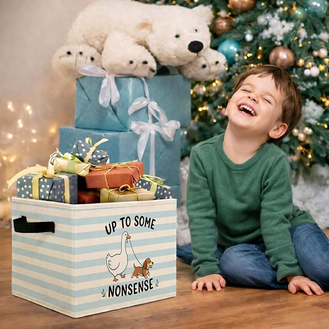 Goose Dog Blue Stripe Foldable Fabric Storage Bin | Up to Some Nonsense blue stripe design; foldable fabric storage bin for kids room, nursery, or playroom.