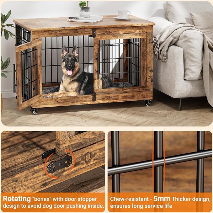 2 Pack Dog Crate Furniture, 38'' Heavy Duty Kennel with Cushion & Wheels | Rustic Brown, Double Doors, Wooden Dog Cage, Chew-Resistant, End Table, Decorative, 27"/32"/38"/44" Options, Indoor