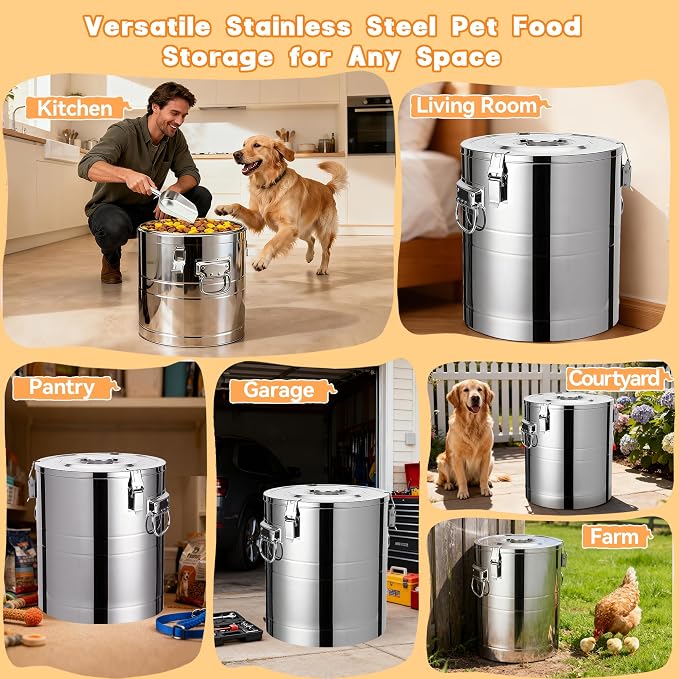 UPSKYPET35lb Dog Food Storage Container, Airtight Stainless Steel | Extra Large Capacity, Rust-Proof, Moisture-Proof, Deters Pets from Opening & Stealing Food, Easy to Clean, Keeps Food Crispy