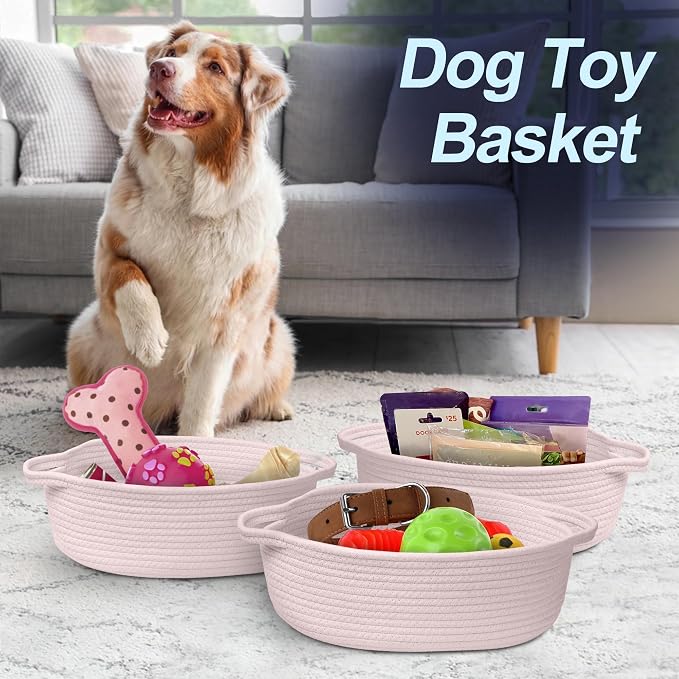 Pink Small Woven Basket, 13” x 9” x 5” Baskets for Gifts Empty, Cotton Rope Gift Basket, Cute Nursery Baby Organizer, Cat Dog Toy Bin Box, Wicker Storage Bin with Handle