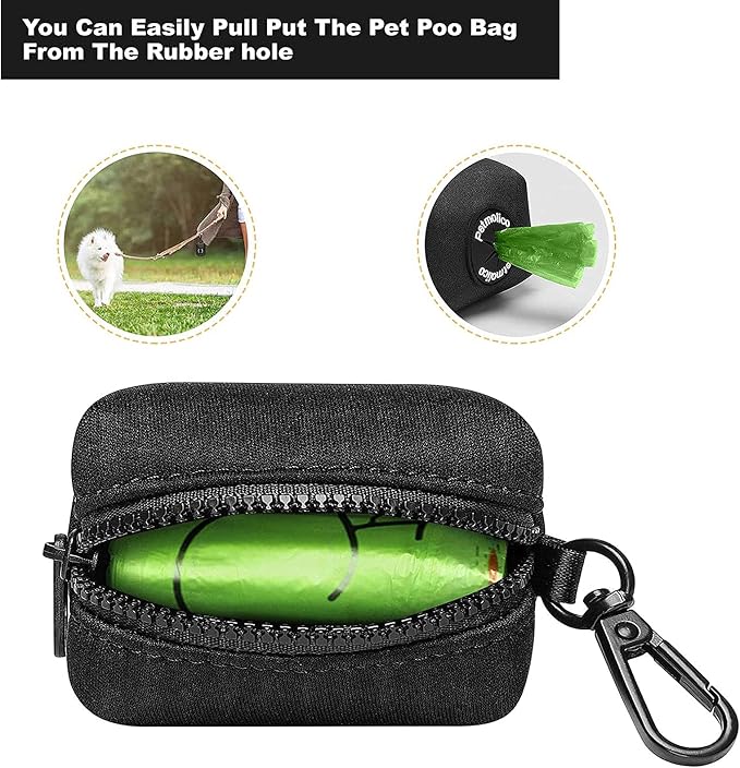 Petmolico Dog Poop Bag Holder Dispenser 2 Pack, Black | Zippered pouch fits any leash, includes free roll of bags, lightweight & portable for daily walks, travel & outdoor use