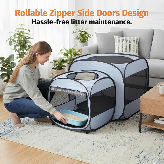 2-in-1 Portable Cat Playpen, Detachable into 2 Separate Cages with Additional 2 Doors, Pop up Pet Play Pen Cat Tent House, Foldable Puppy Enclosure Kitten Crates Indoors Outdoor(Grey)