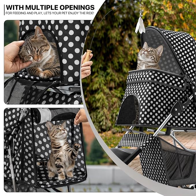 MoNiBloom Pet Stroller for Small/Medium Dogs and Cats, Black Polka Dots | Foldable Dog Stroller 3 Wheels Pet Strolling Cart w/ Storage Basket Cup Holder, Breathable and Visible Mesh for All-Season