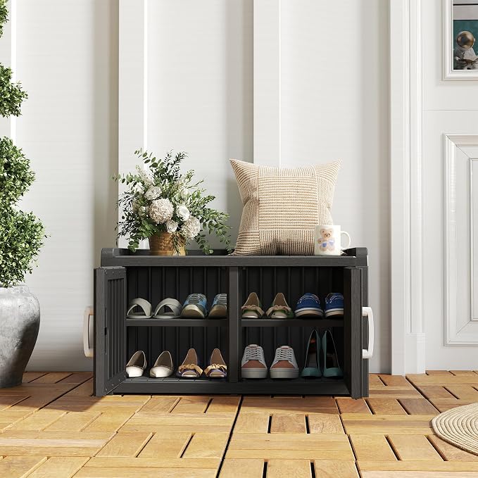 NUNU LAB Shoe Cabinet, Waterproof UV-Resistant Outdoor/Indoor Shoe Storage Cabinet with Adjustable Shelves, Shoe Organizer Bench with 2 Barn Doors for Foyer, Hallway, Living Room, Black