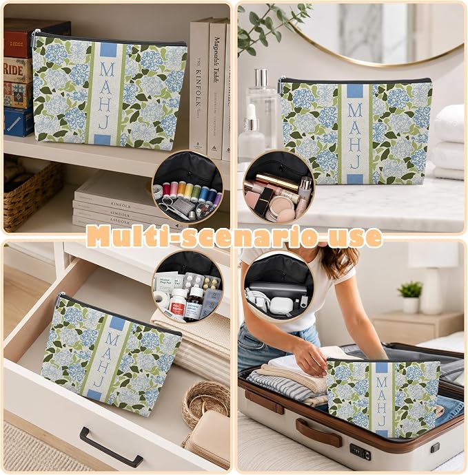 Blue and Green Hydrangea Empty Mahjong Tile Bag 13x7.8 Inch, | Blue Floral Printed Portable Travel Case Organizer Zipper Pouch for American Mahjong Tiles Game Night Accessories and Gifts
