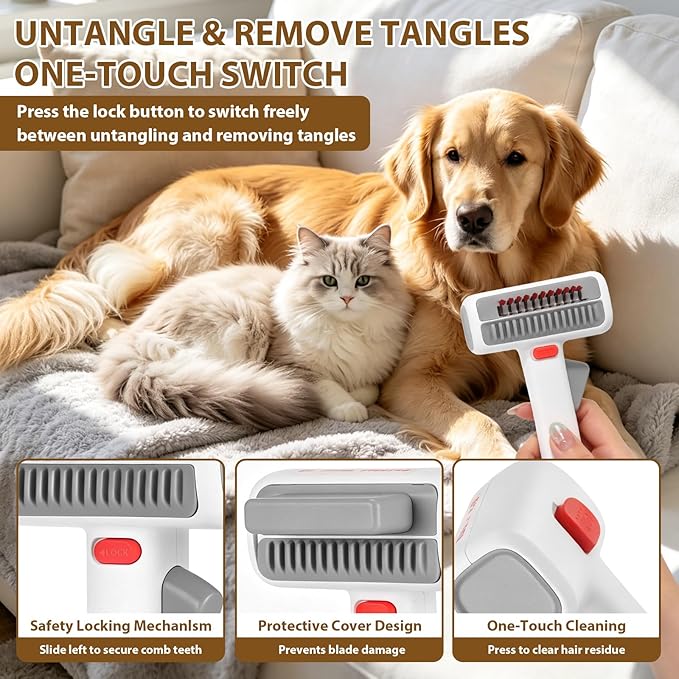 2-in-1 Pet Self-Detangling Grooming Comb - Professional Deshedding Tool for Dogs & Cats - Gentle Undercoat Rake & Brush for All Fur Types - Effectively Removes Mats, Tangles & Loose Fur (1 Pack)