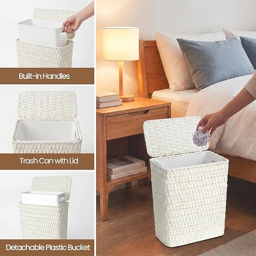 Wicker Trash Can,3 Gallon Bathroom Trash Can with Lid,Handwoven Paper Rope Rattan Waste Basket with Removable Liner and Built-in Handles for Bedroom,Toilet,Narrow Spaces,White