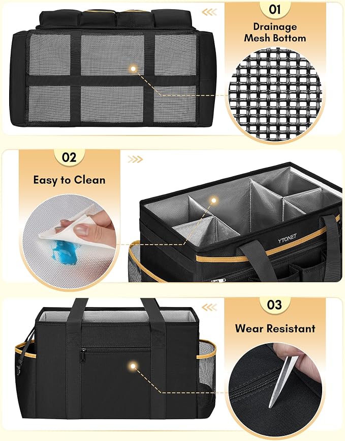 Ytonet Cleaning Caddy Bag, Extra Large Cleaning Supplies Organizer, Black | Detachable Apron & Foldable Dividers, 900D Cleaning Tote with Handle, Portable Cleaner Caddy for Housekeeper, Detailing Bag