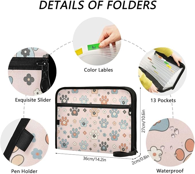 Cute Pet Paw Flowers Expanding File Folder with Sticky Labels, 13 Pockets Accordion File Folder Document Organizer Expandable Zip File Folder with Zipper Closure