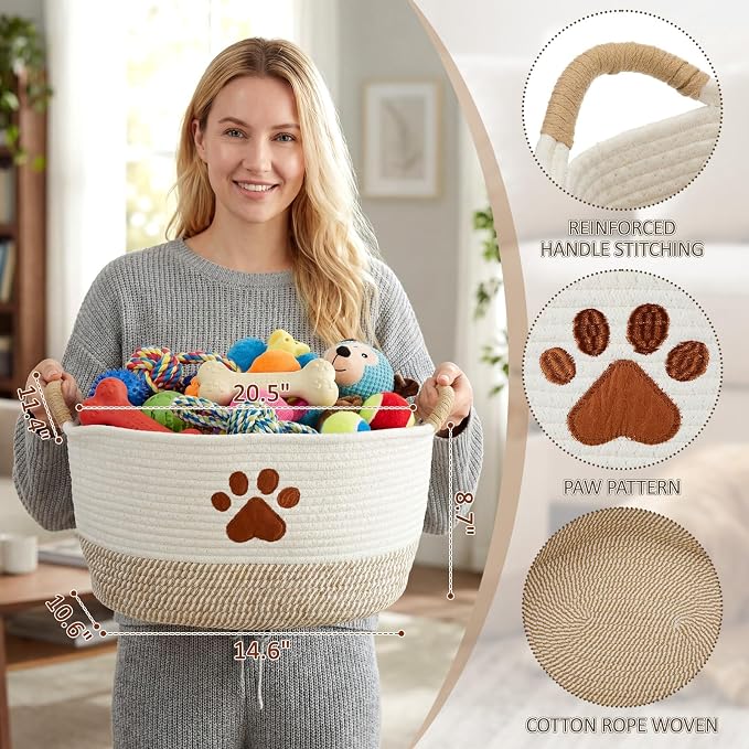 Dog Woven Toy Basket 14.6 x 10.6 x 8.7 Inch Woof Pet Baskets Storage Bin Box with Durable Handles, Woven Pet Basket Puppy Bins for Organizing Toys Dog Blankets and Accessories(Paw)