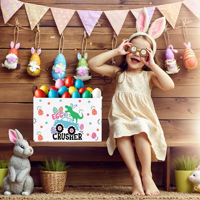Kid Rectangular Empty Easter Basket for Girl Boy Bunny Eggs Easter Basket Gift Baby Room Decor Storage Organizer (Monster Truck Dinosaur)