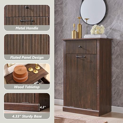 IFGET Tilt-Out Trash Can Cabinet, Fluted Laundry Hamper Cabinet, Brown