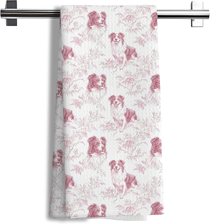 Border Collie Dog Gifts for Pink Chinoiserie Floral Decor Kitchen Towels，Pink Border Collie Dog Grandmillennial Decorative Dish Tea Towels for Kitchen Bathroom,16x24 Inch