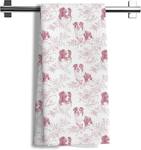 Border Collie Dog Gifts for Pink Chinoiserie Floral Decor Kitchen Towels，Pink Border Collie Dog Grandmillennial Decorative Dish Tea Towels for Kitchen Bathroom,16x24 Inch