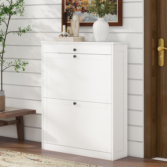 FTZxHKLX Shoe Cabinet, Hidden Shoe Storage Cabinet with 2 Flip Drawers | Wooden Shoe Rack with Adjustable Shelf, Modern Freestanding Shoe Rack Organizer for Entryway, Hallway, Living Room, White