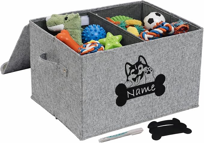 Large Dog Toy Bin-Pet Toys Storage Box-Fabric Storage Bin with Lid-Collapsible Dog Toy Organizer,Dog Toy Basket -Chew Proof Dog Bin-Can be Personalized-Gray