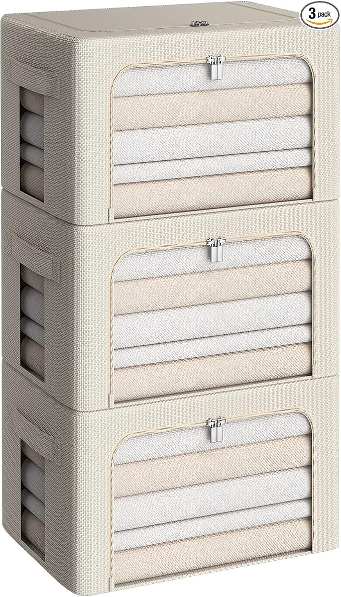 CYhom 3Pack Frame Storage Box - Clothes Storage Bin Bags Oxford Fabric Foldable Stackable Container Organizer Set with Clear Window & Carry Handles (Beige, X-Small-36L)