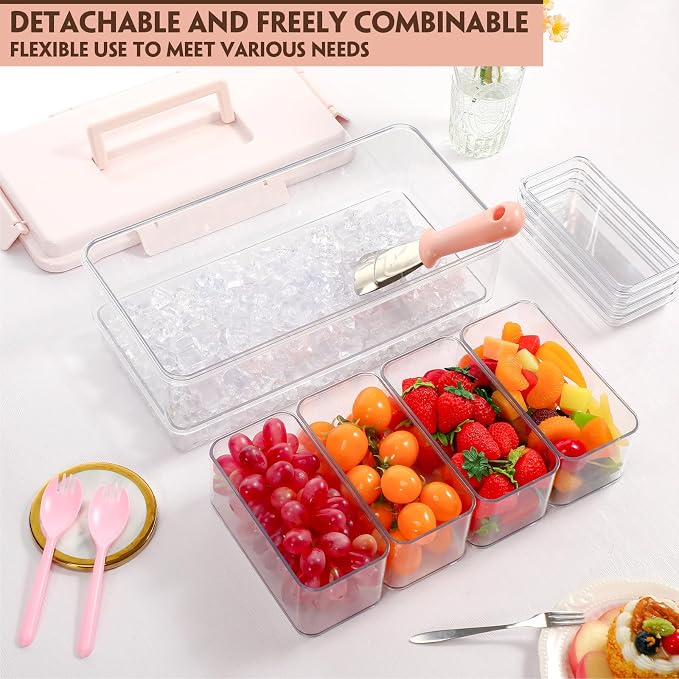 Chilled Condiment Caddy with Handle 4 Containers Taco Bar Serving set for a Party 1 Tong, 1 Ice Scraper, 4 Metal Forks, 20 Spoons for Mimosa Bar Supplies Accessories(Pink)