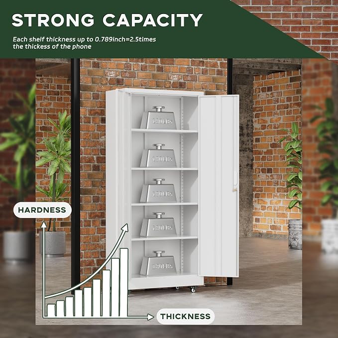 Greenvelly Metal Garage Storage Cabinet with 4 Swivel Wheels, 73" White Storage Cabinet on Wheels, Rolling Tool Cabinet with Locking Doors and Shelves for Garage, Basement, Home, Warehouse